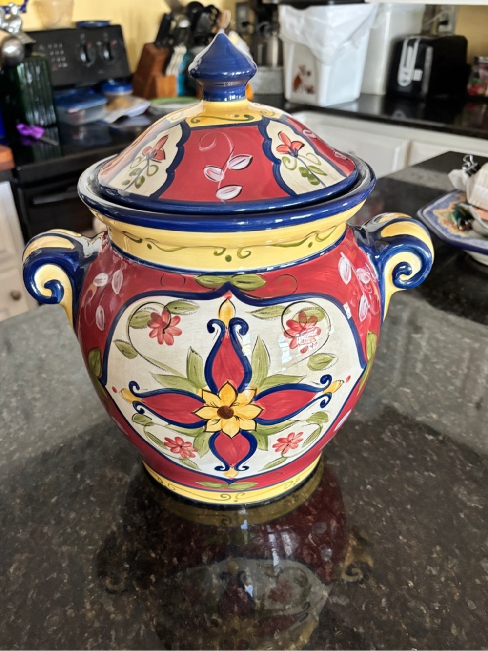 Pier 1 Vallarta Large Hand Painted Canister 
defect on lid, see photos